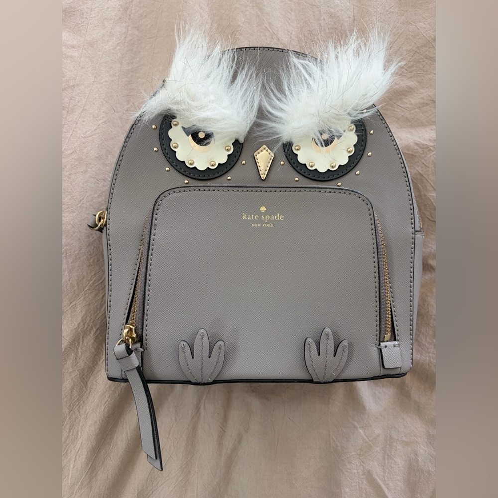 Kate Spade Star Bright Owl Tomi Grey Leather Backpack